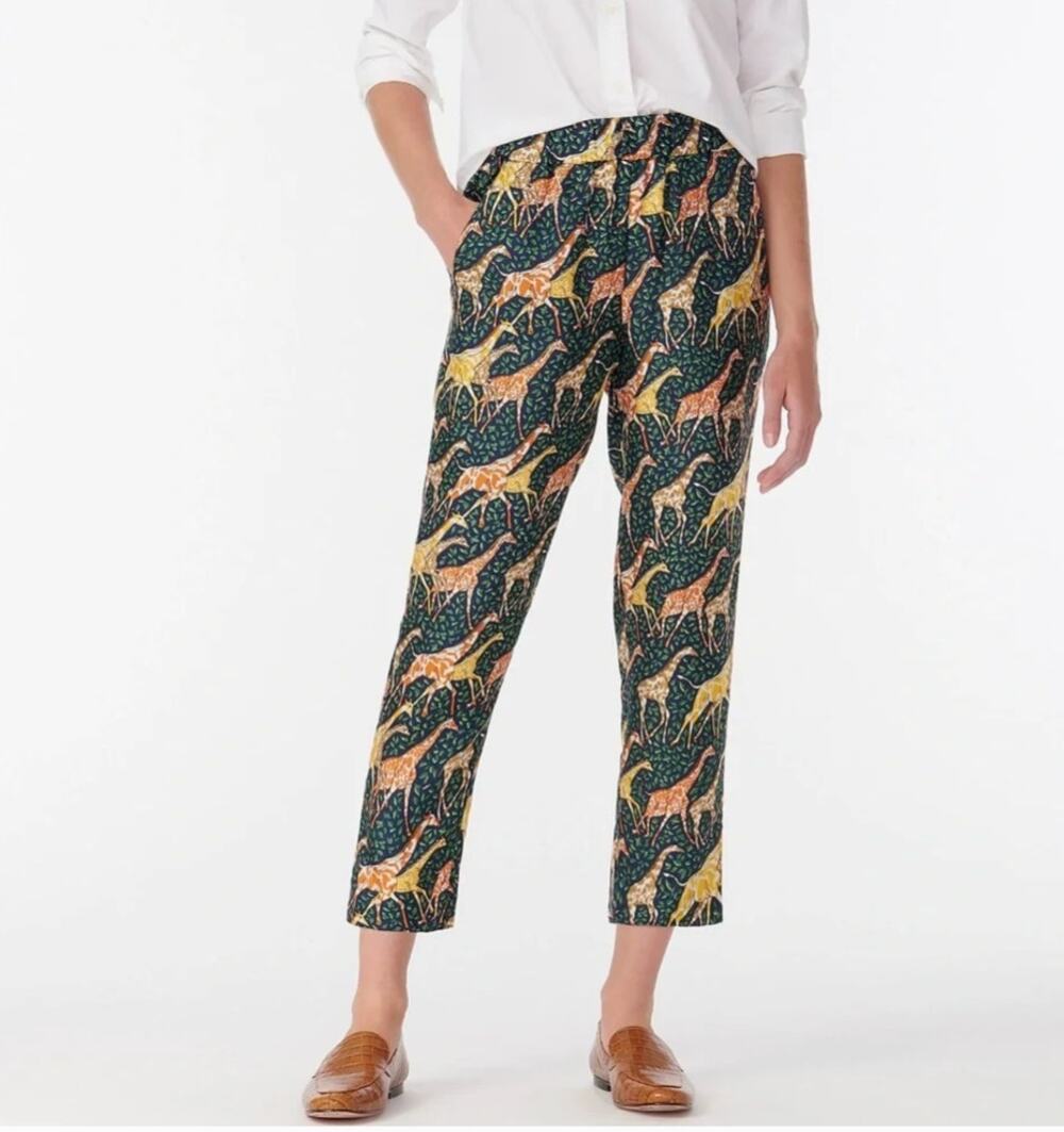 J. Crew Collection 100% Silk Twill Giraffe Print Pull-On Ankle Pants Green 00